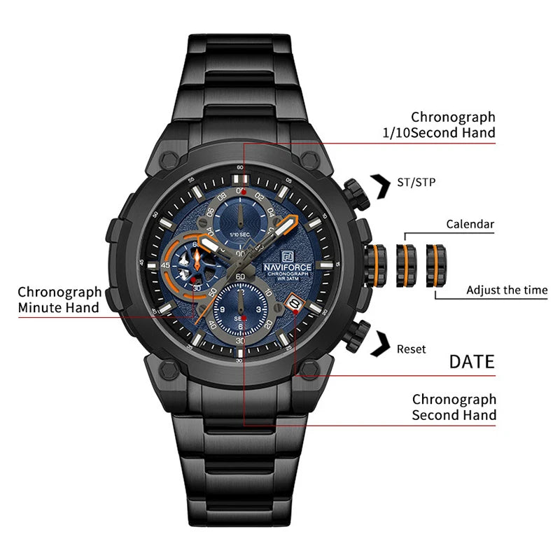 NAVIFORCF Men's Military Watch Luxury Waterproof Quartz Chronograph Wristwatch Fashionable Masculino Hot Fashion  Clock Watch