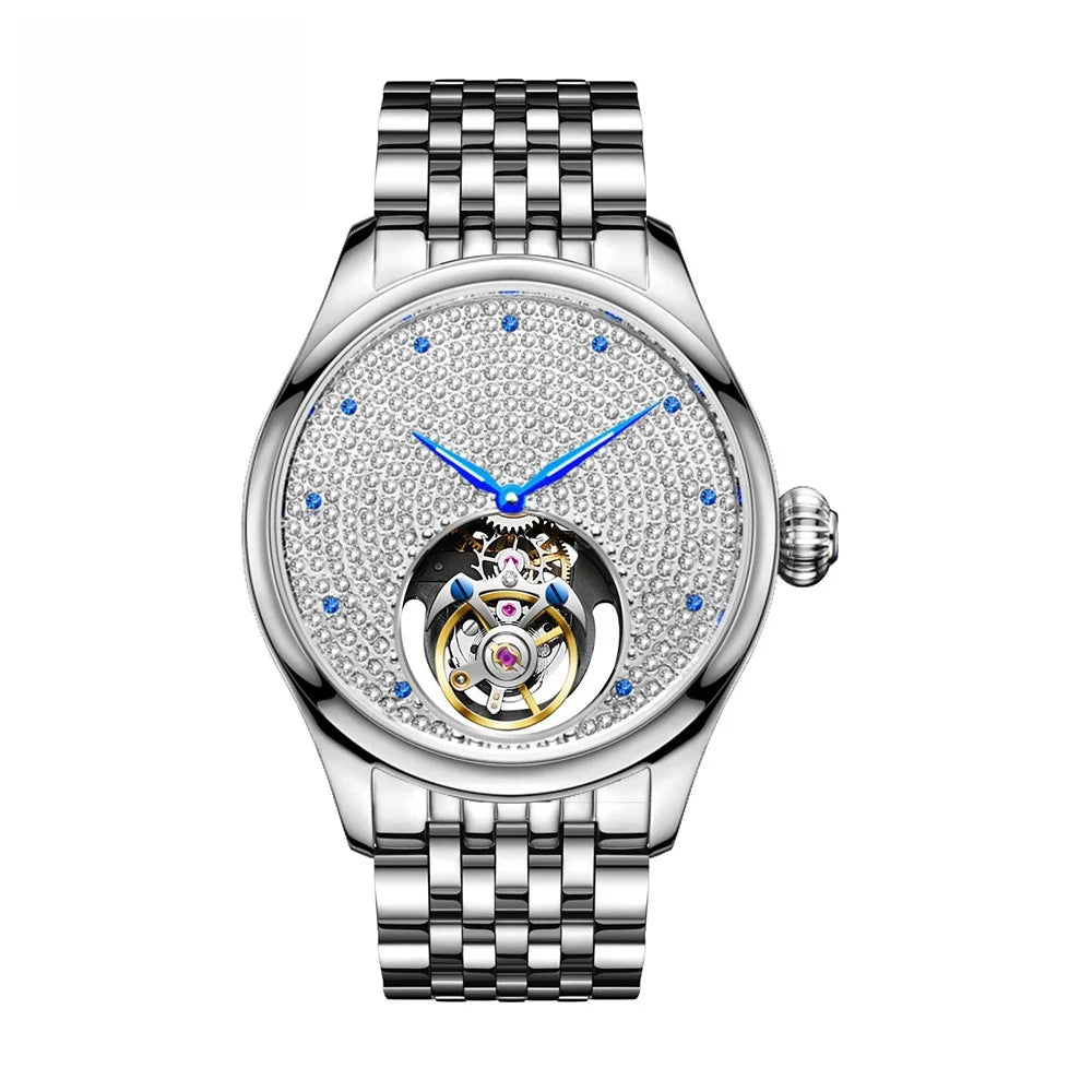AESOP luxury starry sky men's tourbillon mechanical watch, manual movement hollow full diamond steel watch, 3Bar leather strap A
