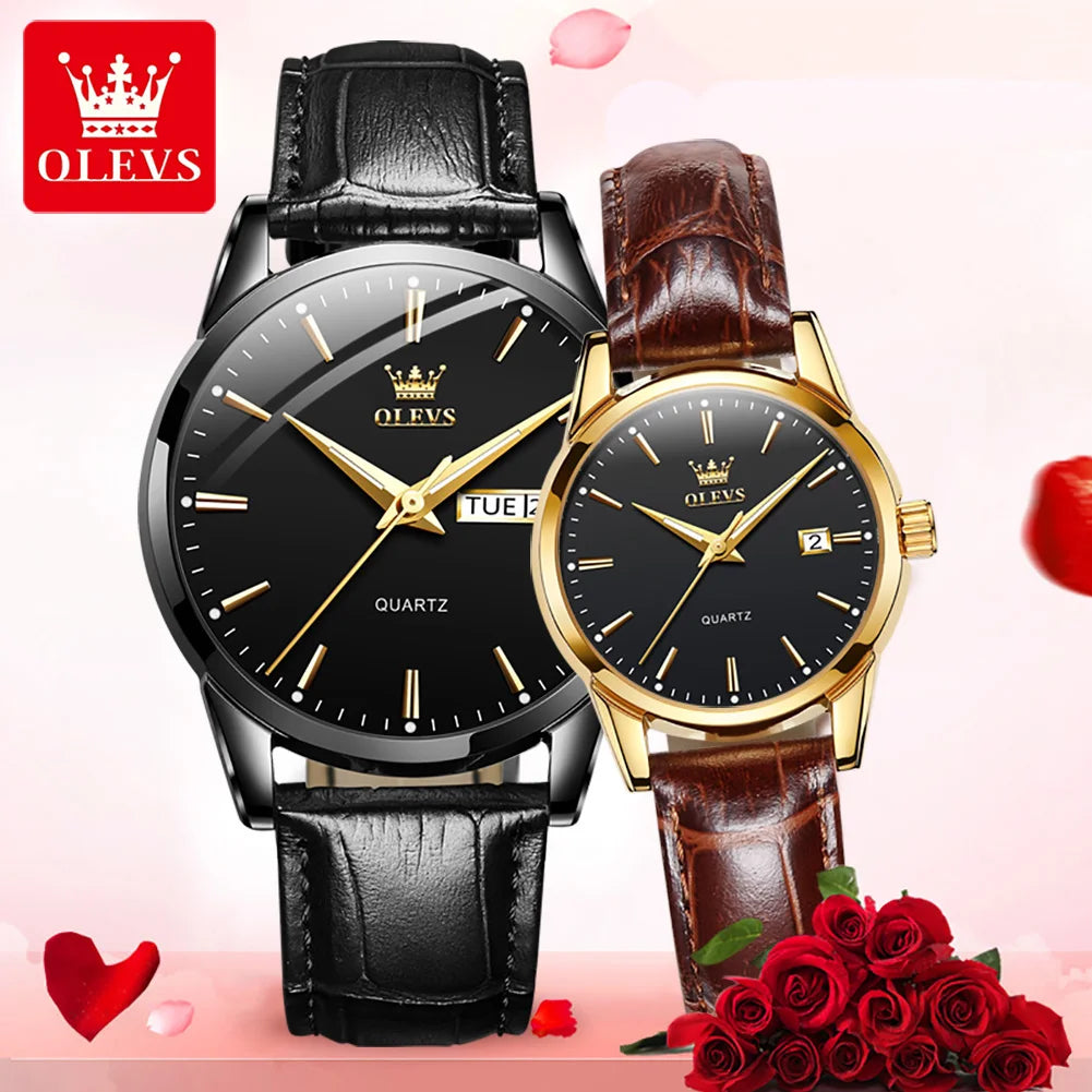 OLEVS 6898 Couple Watches Original Fashion Simple Waterproof Luminous Quartz Watch Leather Strap Date Wristwatch Couple Gifts