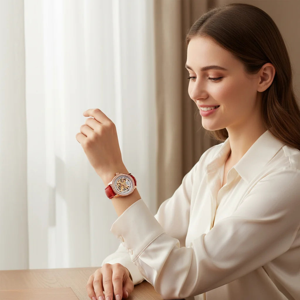Women automatic watch elegant diamond skeleton fashion cute mechanical watches leather dainty waterproof luxury gifts