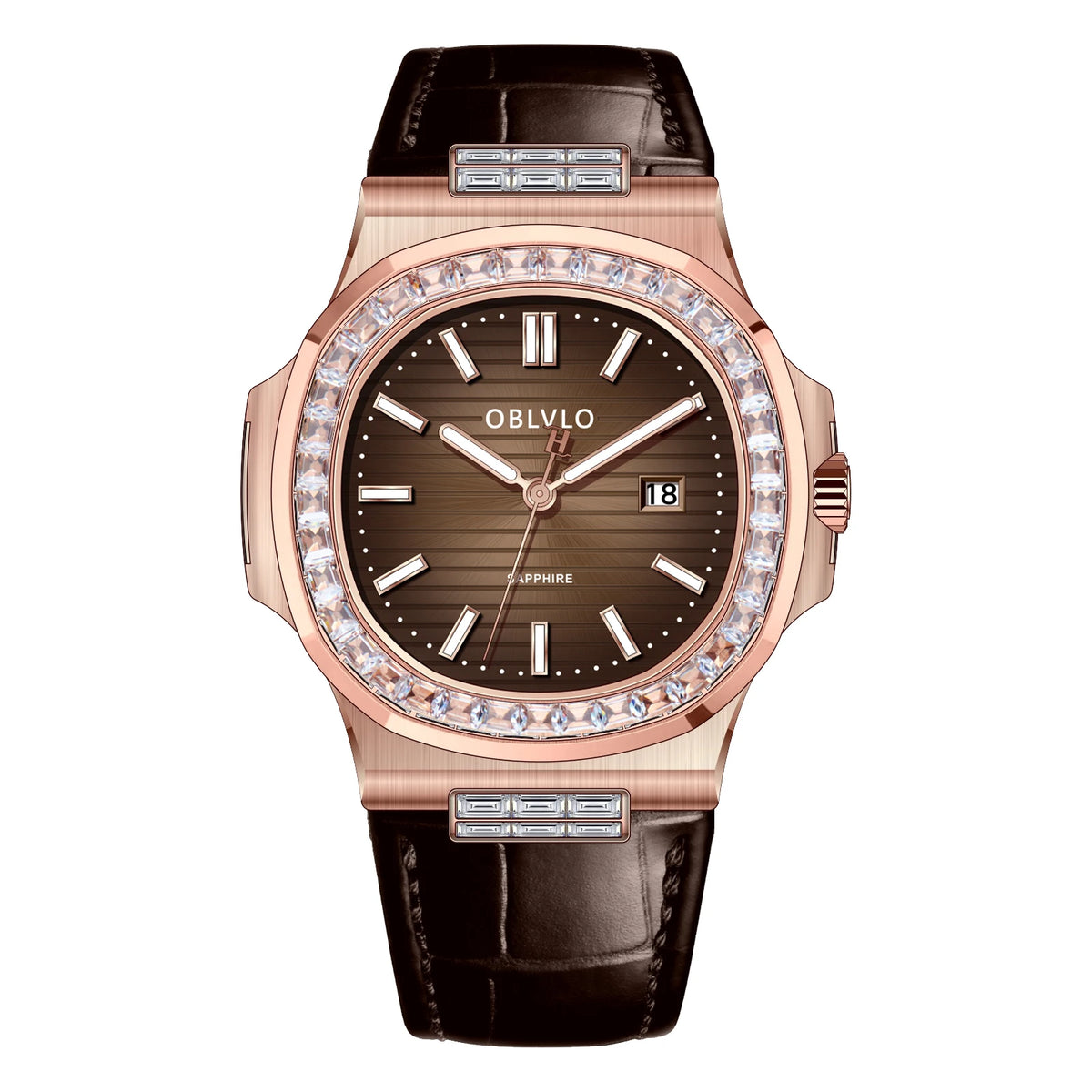 OBLVLO Fashion Men's Watch Rose Gold Case Diamonds Bezel Swiss Quartz Luminous Hands Sapphire Crystal Leather Strap FM-YWL-D