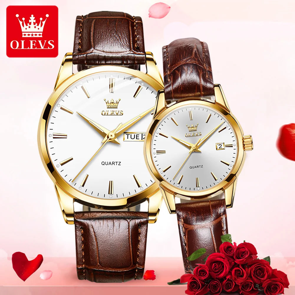 OLEVS 6898 Couple Watches Original Fashion Simple Waterproof Luminous Quartz Watch Leather Strap Date Wristwatch Couple Gifts