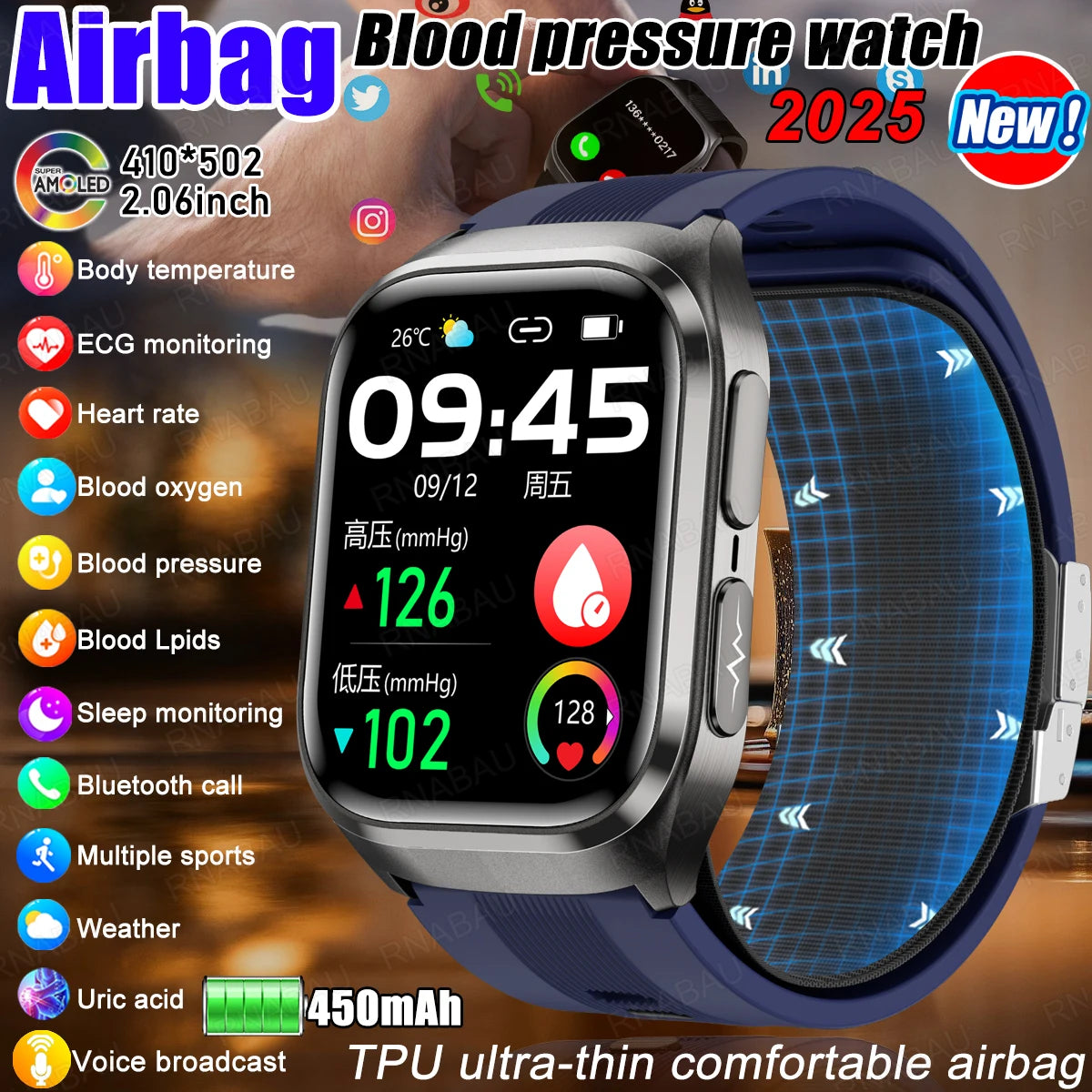 2026 Airbag Smart Watch Nursing grade Bluetooth call air Pump ECG True Accurately Blood Pressure Uric Acid Blood Lipid watch men