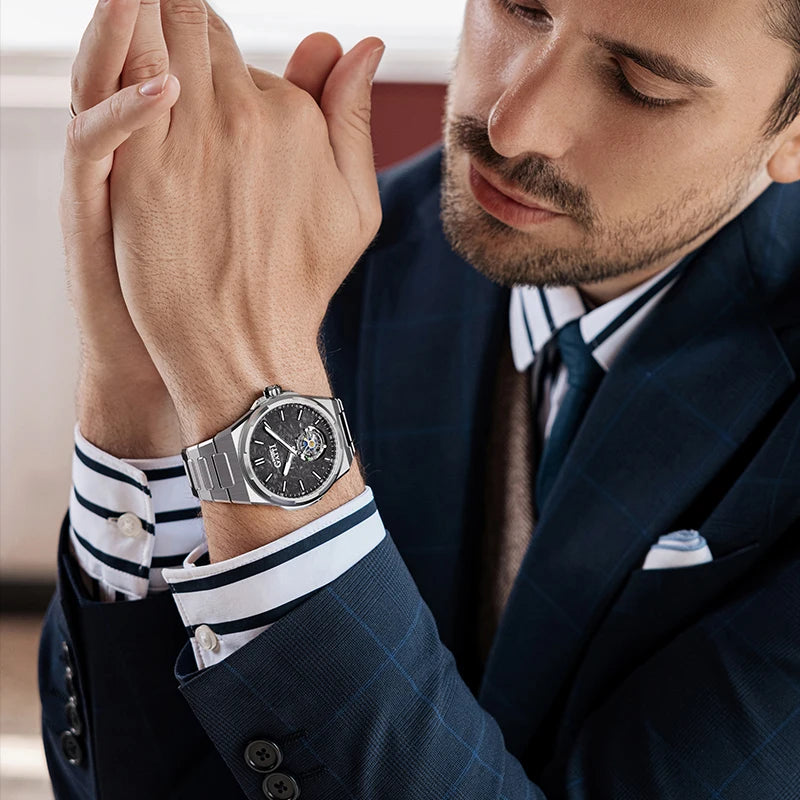 BONEST GATTI Automatic Movement Tourbillon Watch Mens 316L Stainless Steel Skeleton Luminous Dial Mechanical Watches for Men