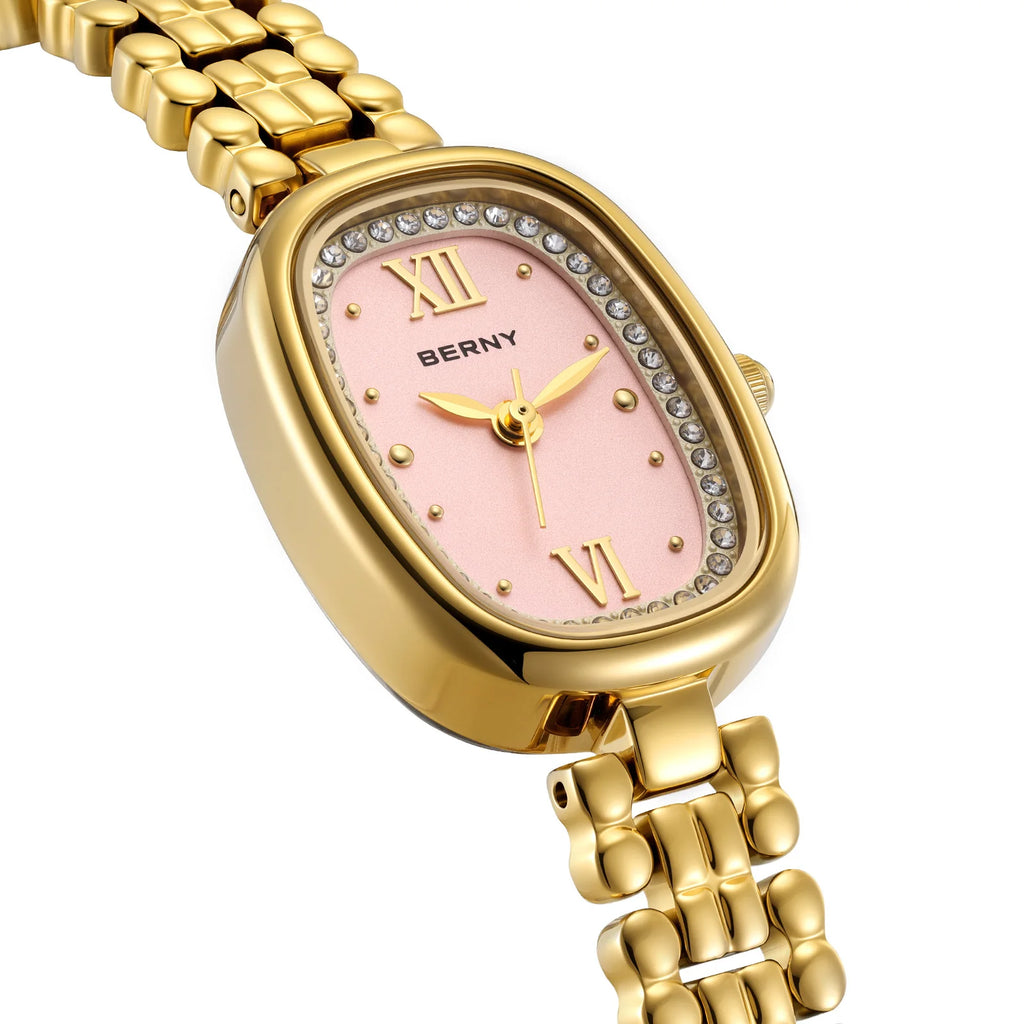 BERNY Golden Watches for Women Elegant Ladies Quartz Watch Luxury Slim Oval Fashion Casual Minimalist Party Gift Wristwatch