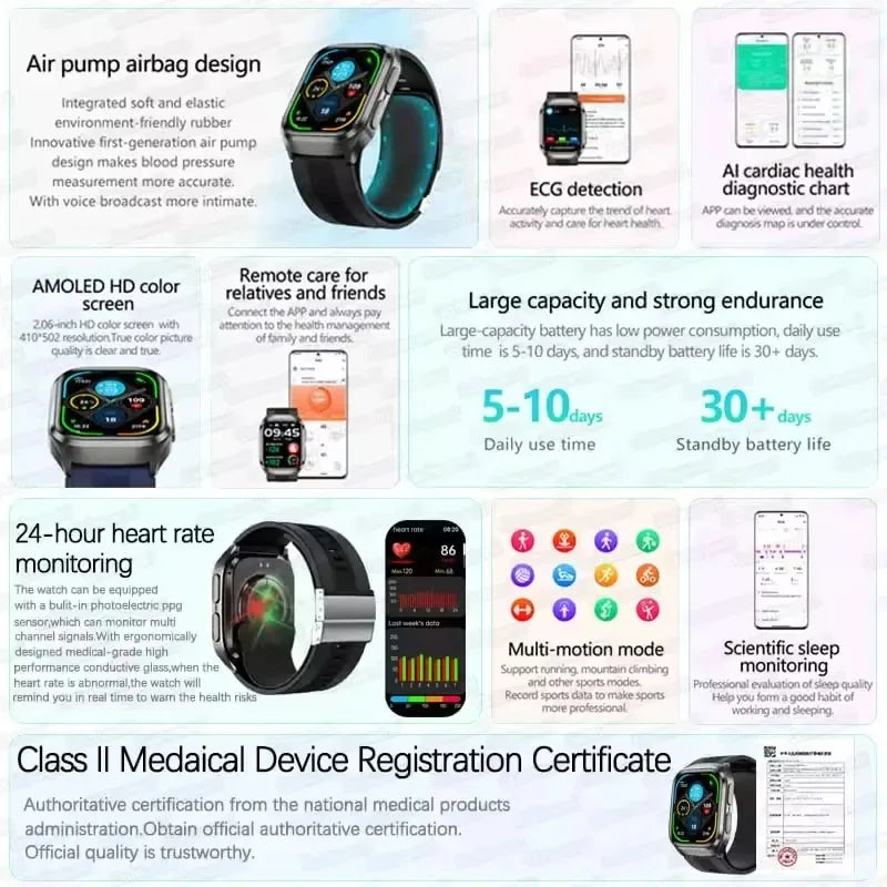 2026New Heart Health Analysi NFC Air Pump+Air Bag Smart Watch Men Accurate Blood Pressure Uric Acid ECG Call Smart Bracelet lady