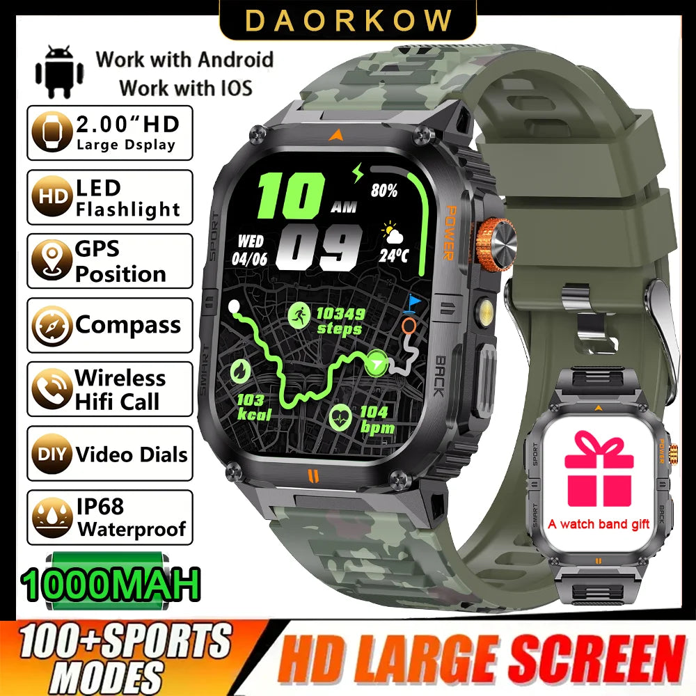 2026 1000mAh military outdoor smartwatch 2.01 inches LED flashlight IP68 waterproof Heart rate sleep Bluetooth call sport watch