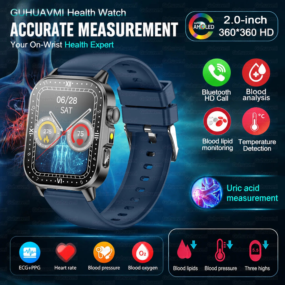 2026 Nursing Grade Smartwatch Men 2.0inch AMOLED ECG Heart Health BP Lipid Uric Acid Monitor Bluetooth Call Outdoor Sports Watch