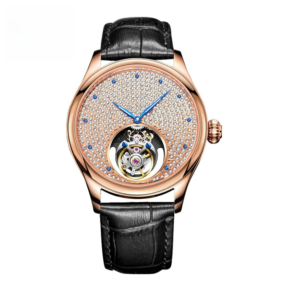 AESOP luxury starry sky men's tourbillon mechanical watch, manual movement hollow full diamond steel watch, 3Bar leather strap A