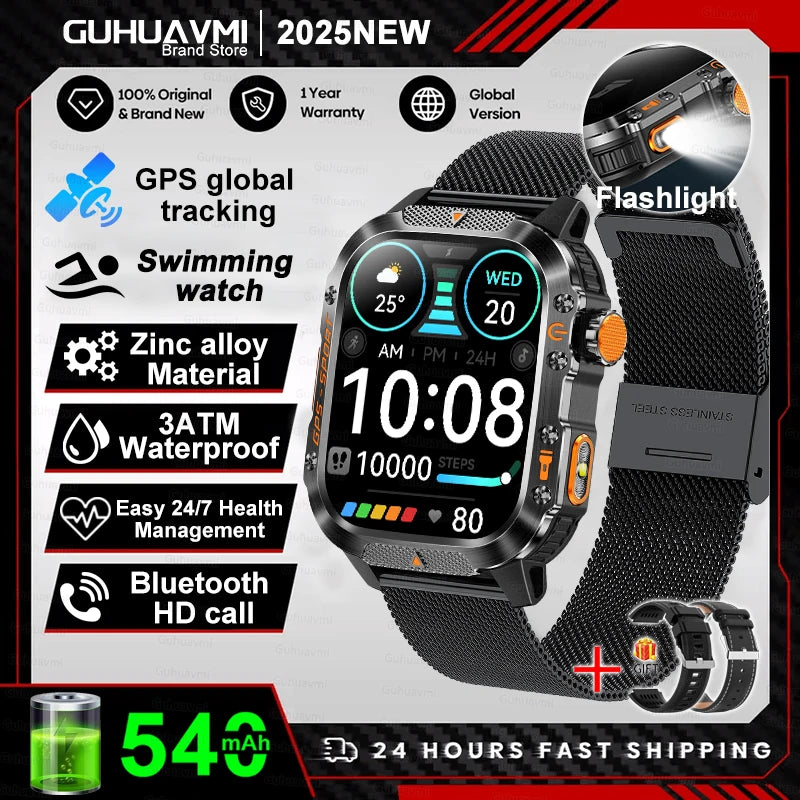 2026 New Military Grade Outdoor GPS Smart Watches Men Compass Heart Rate BT Call LED Flashlight 10ATM Waterproof Swim Smartwatch