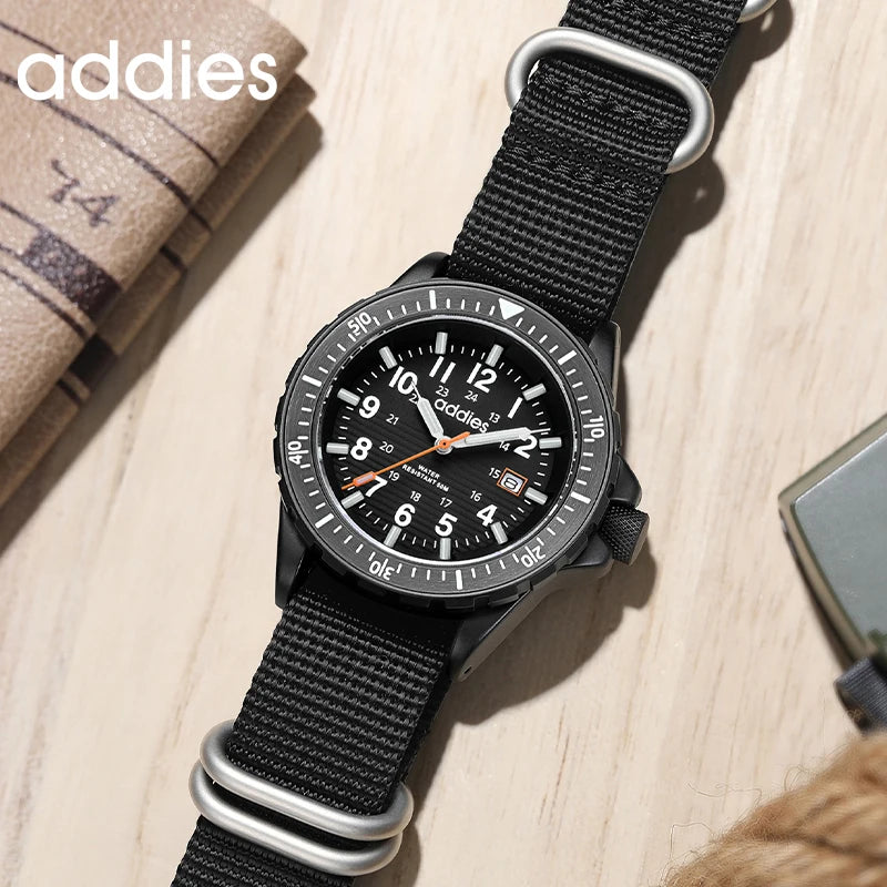 ADDIES 2026 New Men's Sports Quartz Watch Nylon Strap Swimming Waterproof Watch Tubular Luminous Outdoor Fashion Quartz Watch