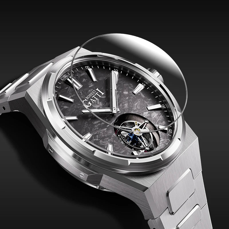 BONEST GATTI Automatic Movement Tourbillon Watch Mens 316L Stainless Steel Skeleton Luminous Dial Mechanical Watches for Men