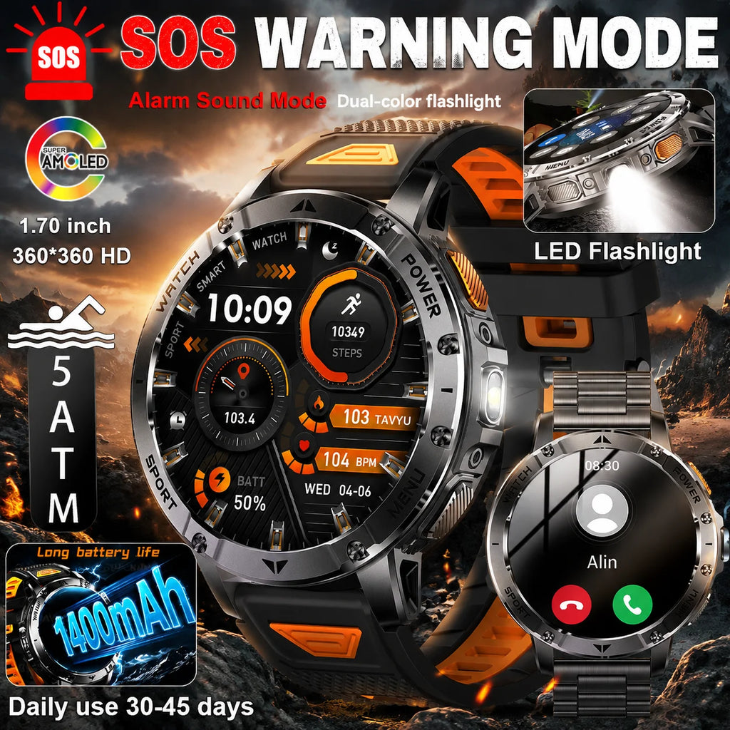 New Outdoor Sports Fitness 1.7 Inch Smart Watch 1400mAh Battery Waterproof SOS Dual-Color Flashlight BT Call Smart watch For Men