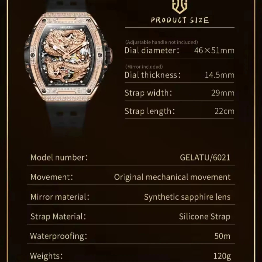 GELATU Brand Hollow Men Watch Silicone Strap Waterproof High end Full Diamond Dragon Dial Brand Automatic Mechanical Watch 6021