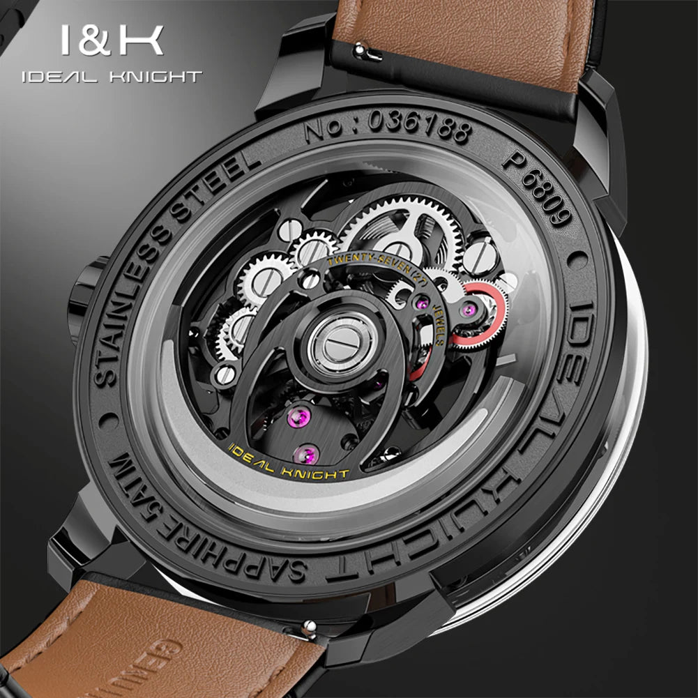 IDEAL KNIGHT Real Tourbillon Watches for Men High-end Luxury Transparent Hollowed Fully Automatic Mechanical Wristwatch 6809