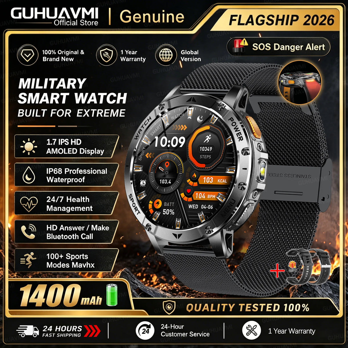 Men Rugged Steel Sport Smart Watch 1400mAh Battery 1.7" HD Bluetooth Call 10ATM Waterproof Heart Rate Fitness Trackr Smartwatch