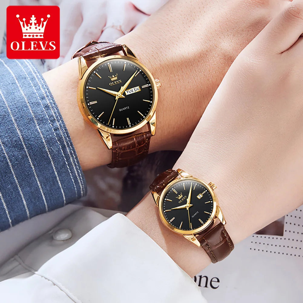 OLEVS 6898 Couple Watches Original Fashion Simple Waterproof Luminous Quartz Watch Leather Strap Date Wristwatch Couple Gifts