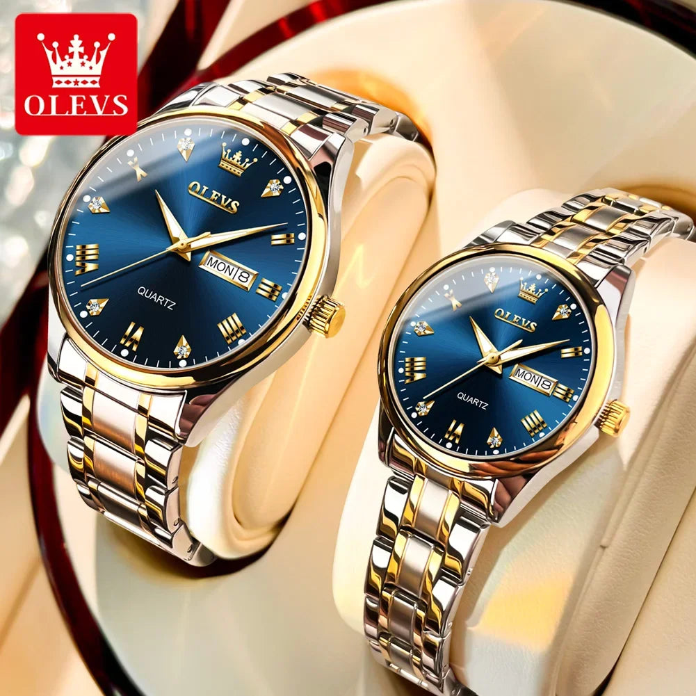 OLEVS  Couple Watch Luxury Gold Diamond Dual Calendar Waterproof Watch Fashion Brand Quartz Appointment Clock Couple Watch 5563