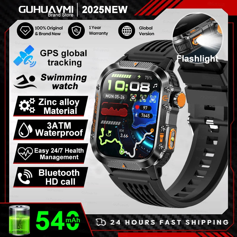 2026 New Military Grade Outdoor GPS Smart Watches Men Compass Heart Rate BT Call LED Flashlight 10ATM Waterproof Swim Smartwatch