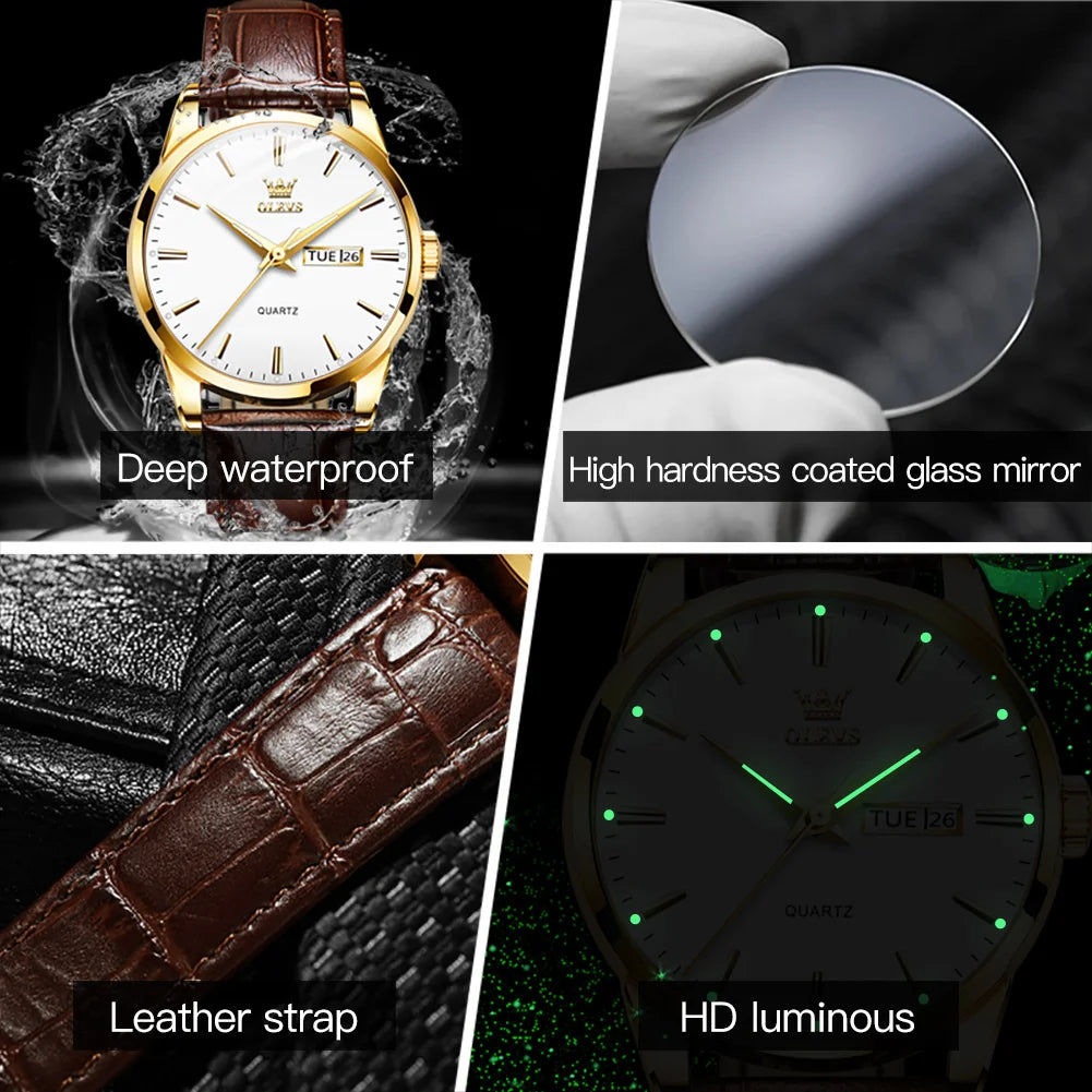 OLEVS 6898 Couple Watches Original Fashion Simple Waterproof Luminous Quartz Watch Leather Strap Date Wristwatch Couple Gifts