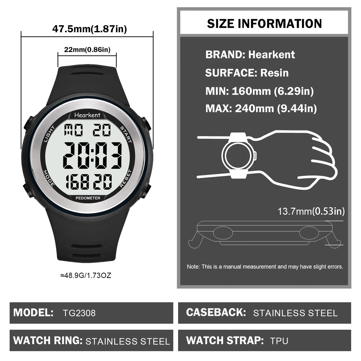 Hearkent Pedometer Watch Men Waterproof Step Counter Calorie Tracker Women Back Light Display Countdown Digital Sport Watches