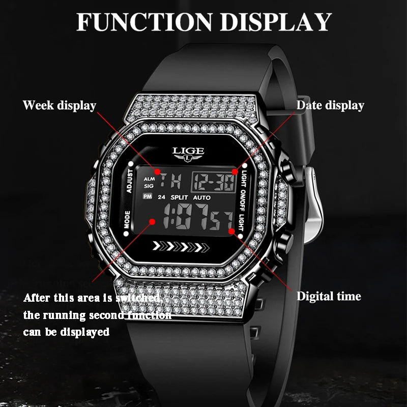 LIGE Fashion Diamond Mens Watch Casual Sports Digital Watches Men Waterproof Chronograph Date LED Wristwatch Luxury Gifts Reloj