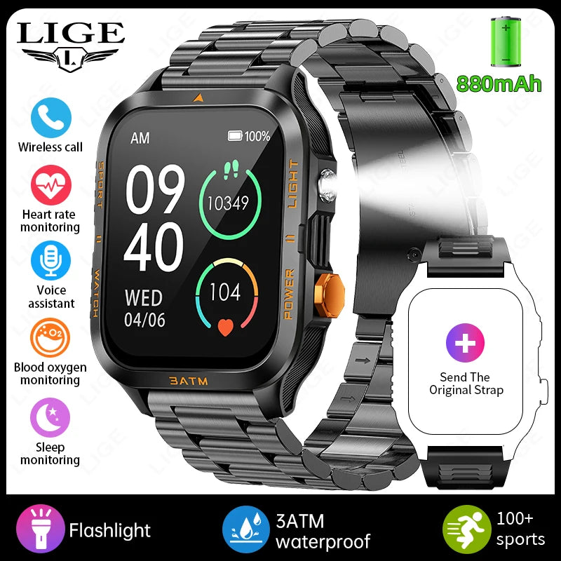 LIGE 2026 New 1.96"HD Screen Smartwatch Men Sports 880mAh Battery Bluetooth Call LED Flashlight 3ATM Waterproof Men Smart Watch