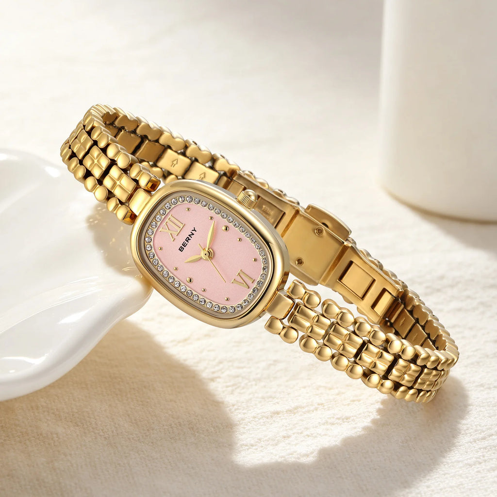 BERNY Golden Watches for Women Elegant Ladies Quartz Watch Luxury Slim Oval Fashion Casual Minimalist Party Gift Wristwatch
