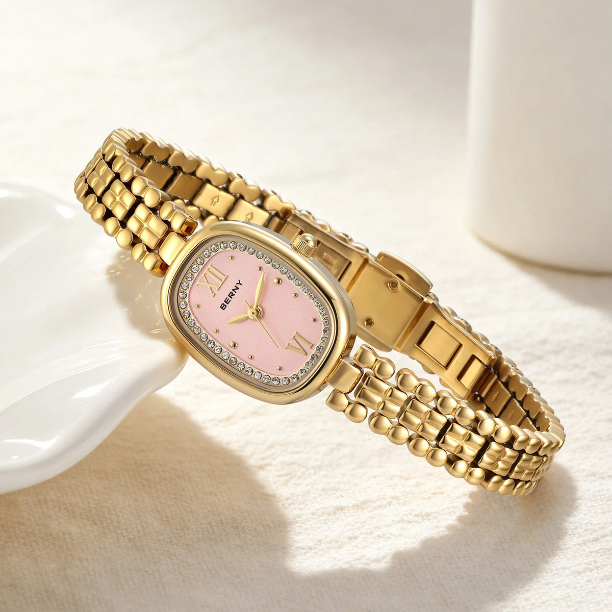 BERNY Golden Watches for Women Elegant Ladies Quartz Watch Luxury Slim Oval Fashion Casual Minimalist Party Gift Wristwatch
