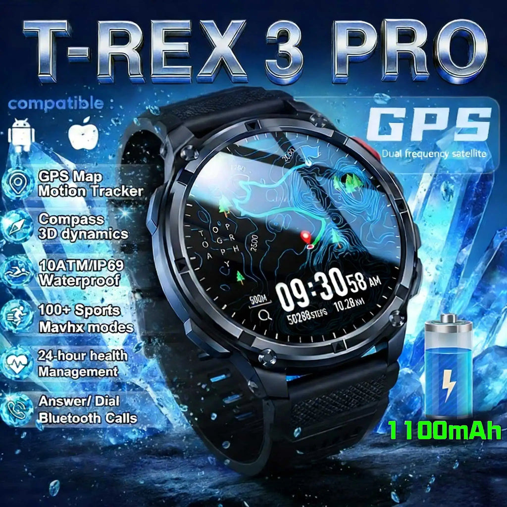 2026 New T-Rex3 Pro GPS Tracker 1100mAh Smartwatch Men 120-Day Standby Clock Rugged Outdoor Sport 10ATM Waterproof Call Watches