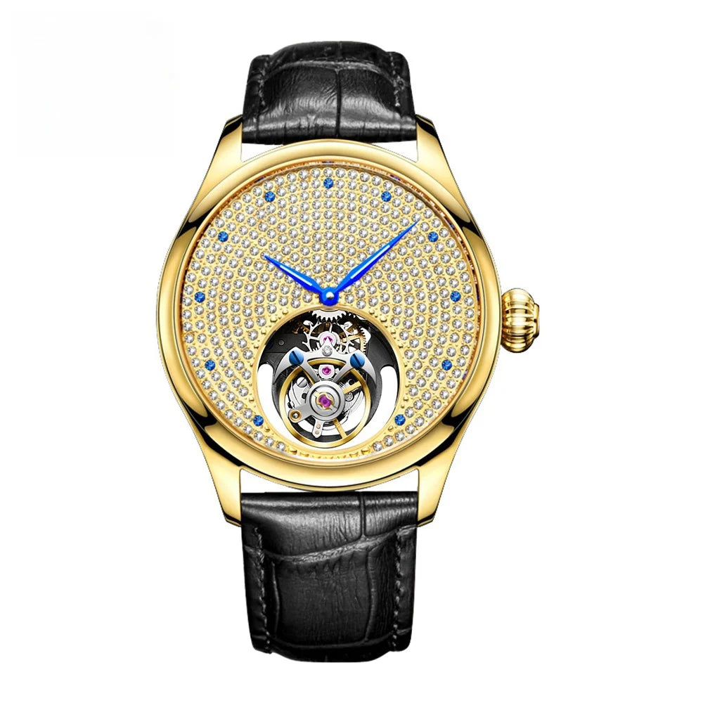 AESOP luxury starry sky men's tourbillon mechanical watch, manual movement hollow full diamond steel watch, 3Bar leather strap A