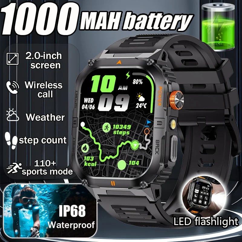 2026 1000mAh military outdoor smartwatch 2.01 inches LED flashlight IP68 waterproof Heart rate sleep Bluetooth call sport watch