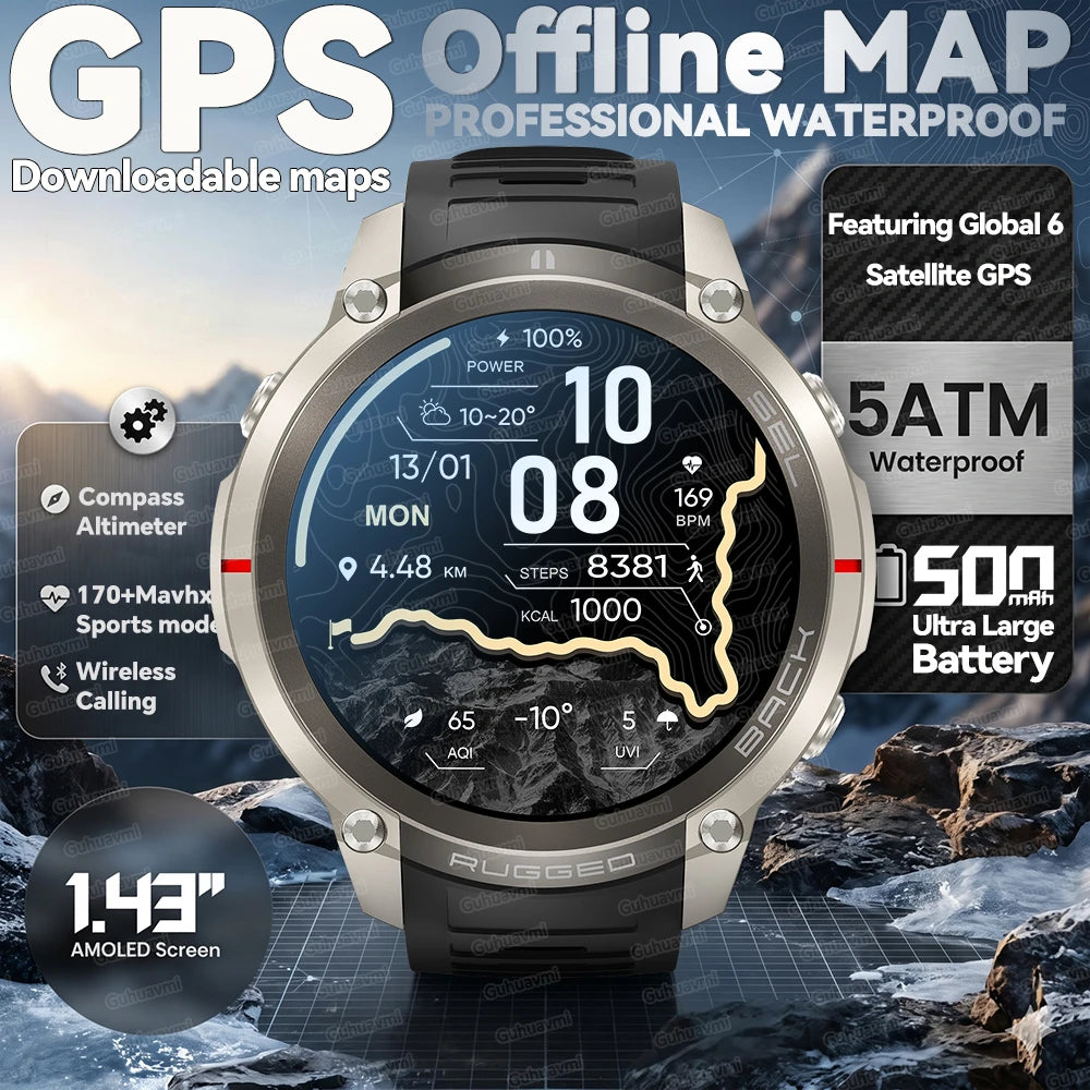 2026 new generation six-star GPS smart watch 1.43-inch AMLED screen 5atm waterproof offline map compass outdoor sports bracelet