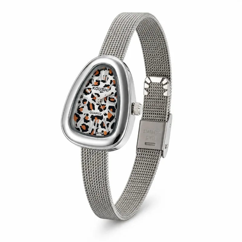 KOUSHI Vintage Leopard Print Dial Women's Quartz Watch Luxury Mesh Band Ladies Wristwatch Fashion Jewelry Gift for Daily Party