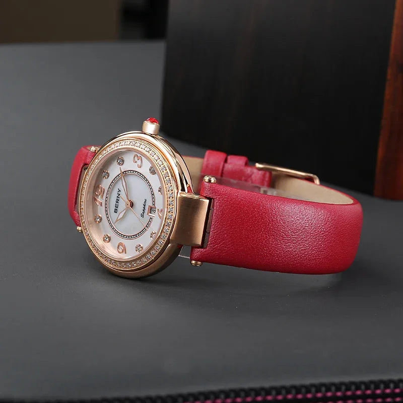 BERNY Watch for Women Calendar Sapphire Elegant Quartz Women's Wristwatch Luxury Diamond inlaid Clock S/S Leather Ladies Watches