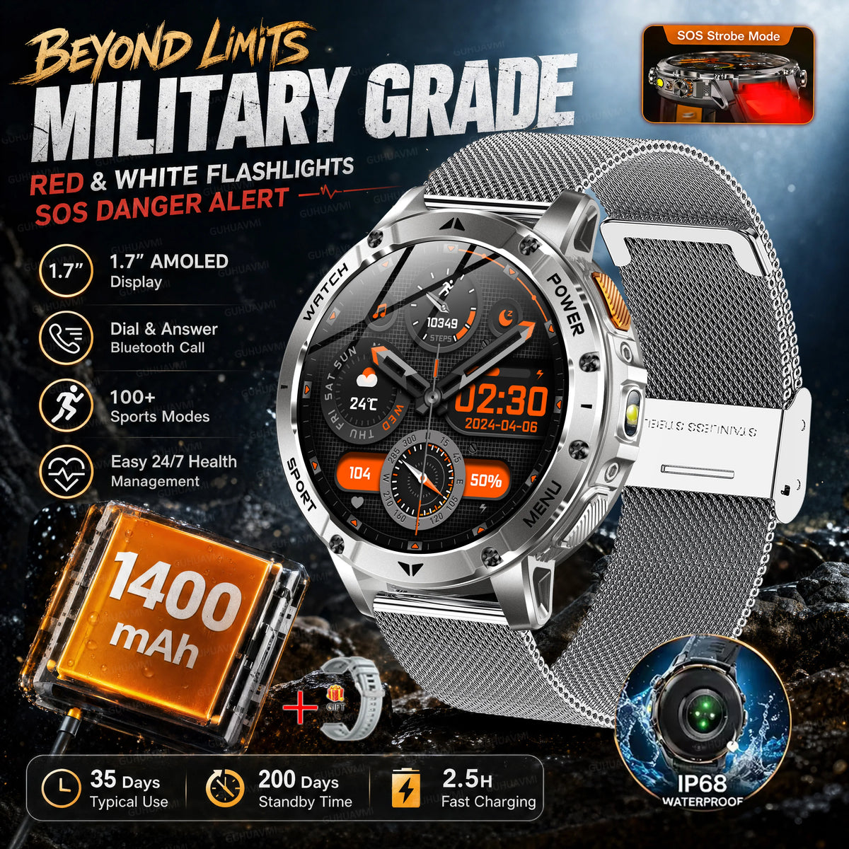 2026 Military Grade Smartwatch Men 1400mAh Ultra Long Battery 24/7 Health Monitor 10ATM Waterproof Outdoor Sport Smart Watches