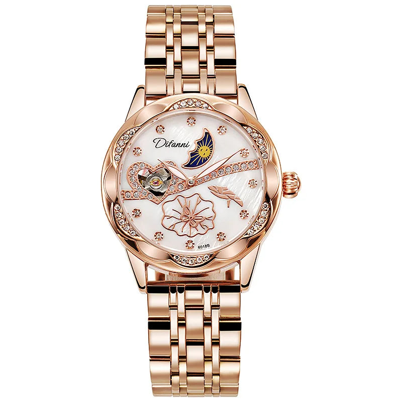 Watches Women Fashion Watch 2023 Automatic Mechanical Rhinestone Skeleton Dial Premium Leather Band Elegant Lady Watch New