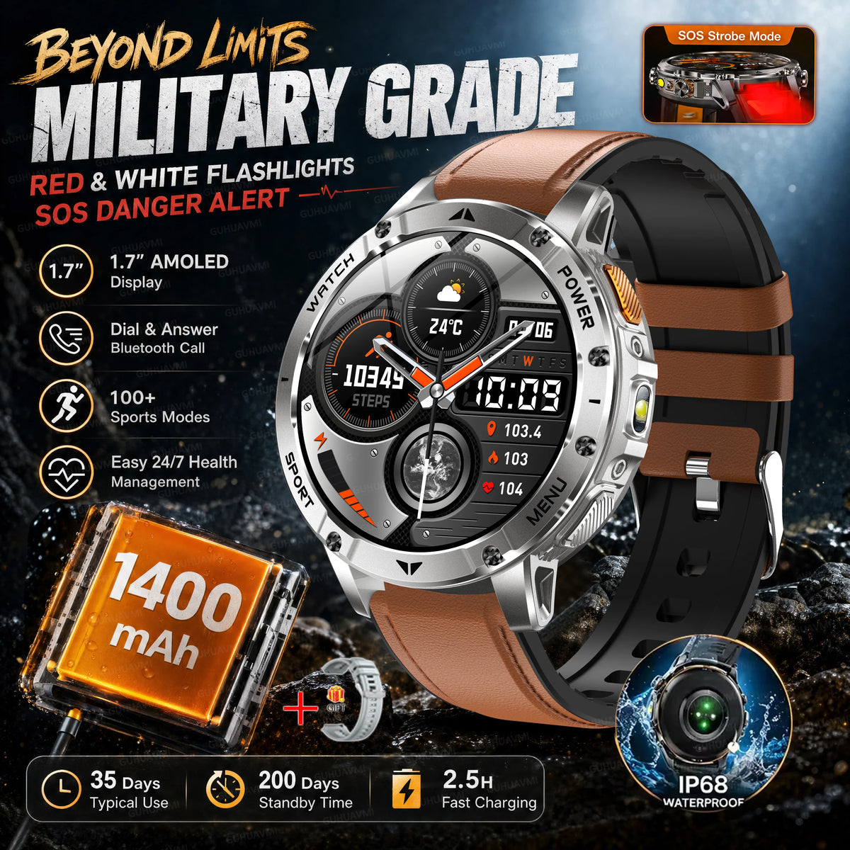 2026 Military Grade Smartwatch Men 1400mAh Ultra Long Battery 24/7 Health Monitor 10ATM Waterproof Outdoor Sport Smart Watches