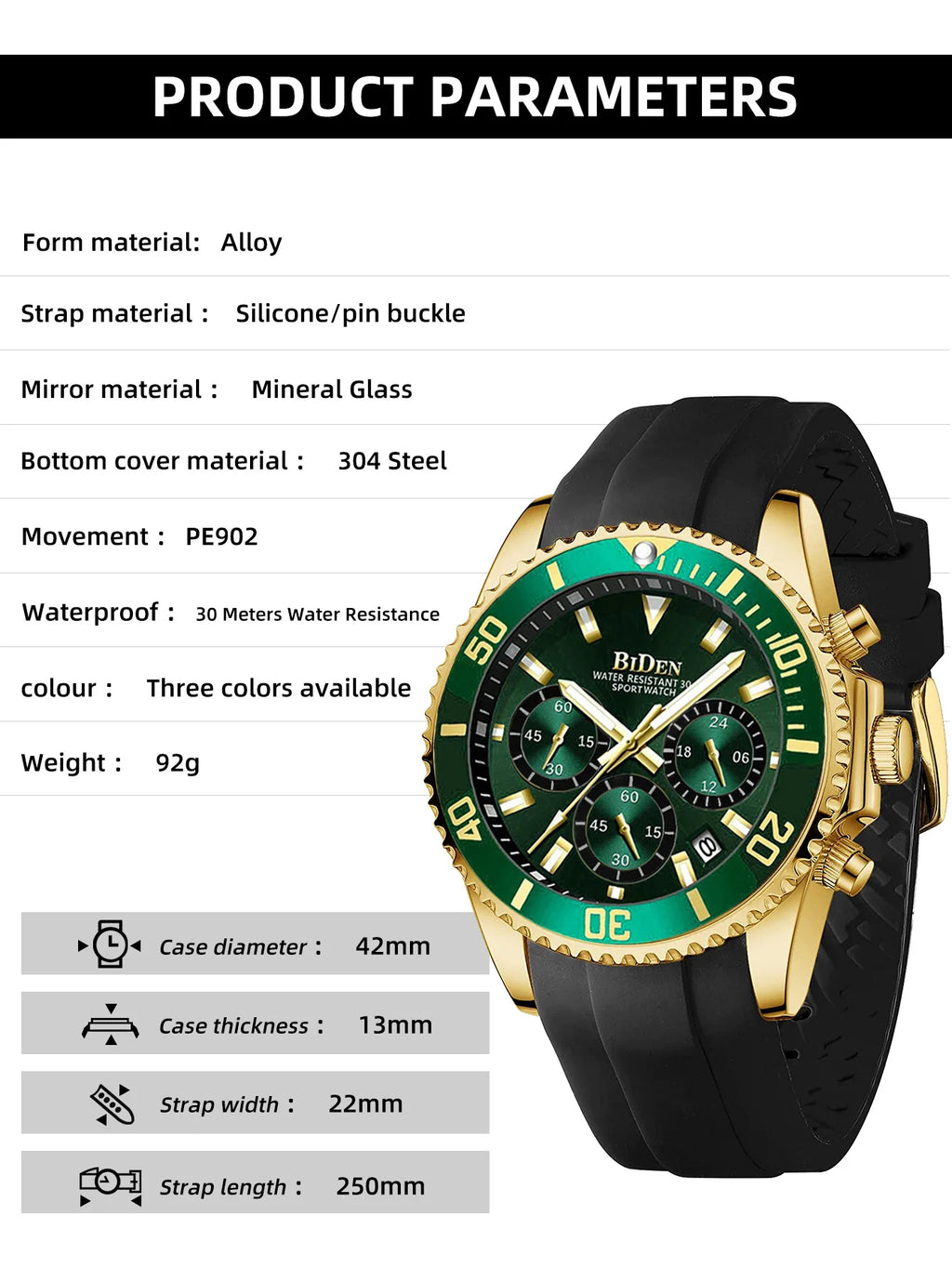 BIDEN Classic Green Watch For Man Fashion Casual Rubber Strap Wrist Watch Men With Calendar Reloj Hombre 2025 Hot Sale