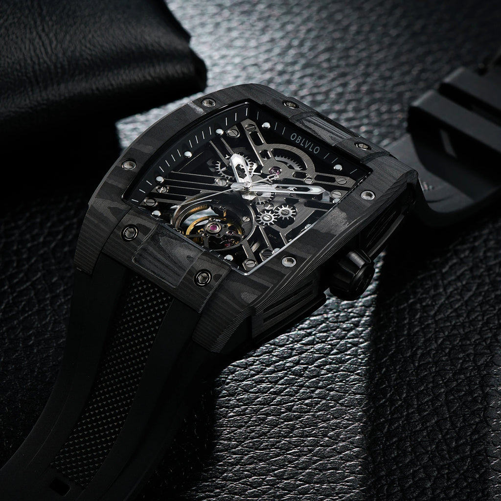 OBLVLO Top Watch Brand Sport Watch For Man Square Skeleton Watch Steel Automatic Mechanical Watch Rubber Strap Watches EM-ST