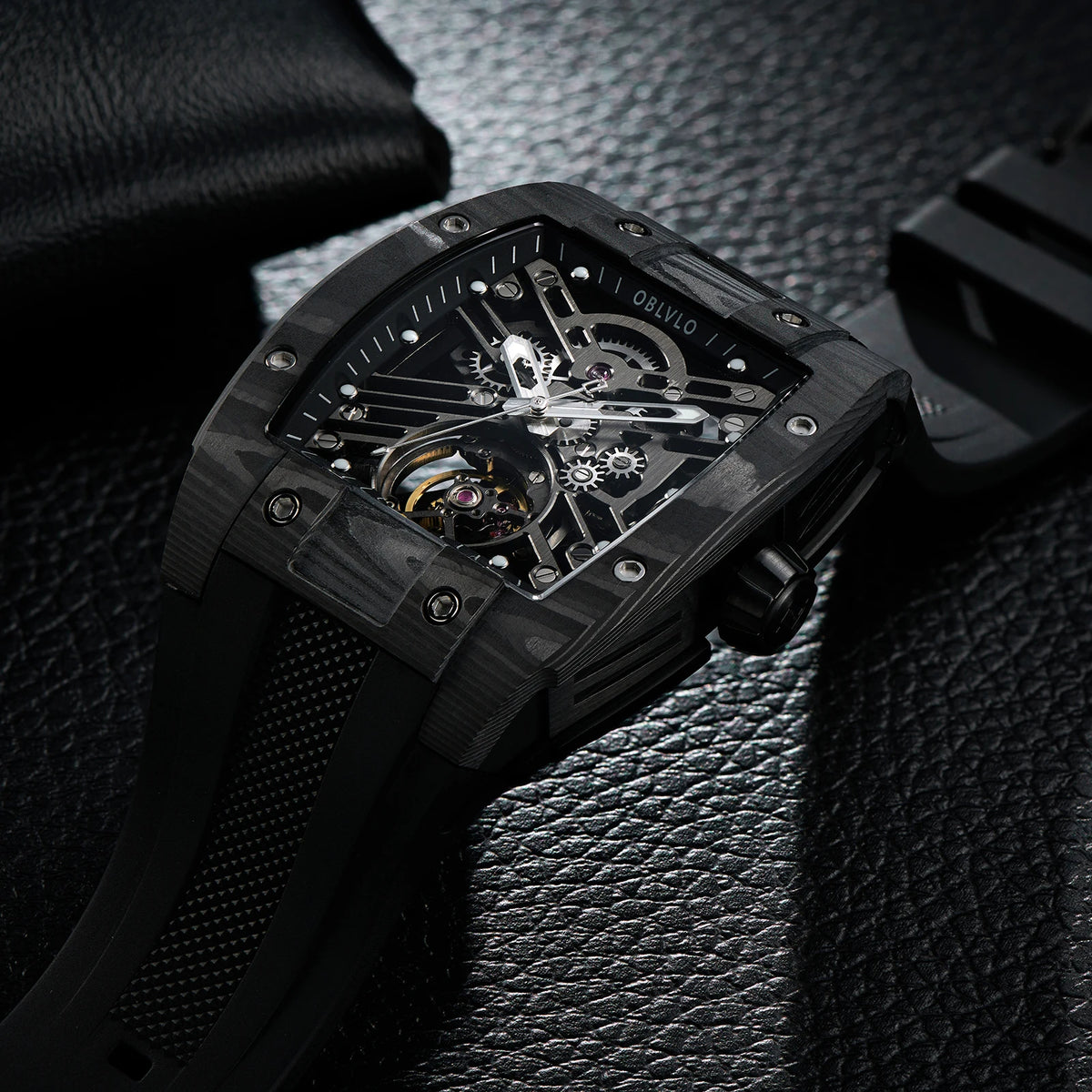 OBLVLO Top Watch Brand Sport Watch For Man Square Skeleton Watch Steel Automatic Mechanical Watch Rubber Strap Watches EM-ST