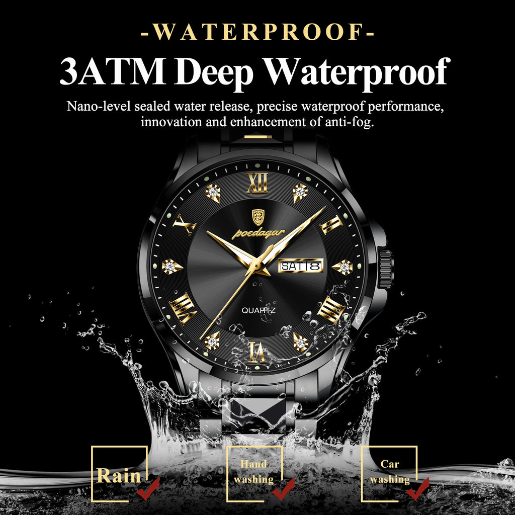 POEDAGAR Original Luxury Man Watch Waterproof Luminous Date Week Fashion Men Clock Stainless Steel Quartz Business Men's Watches