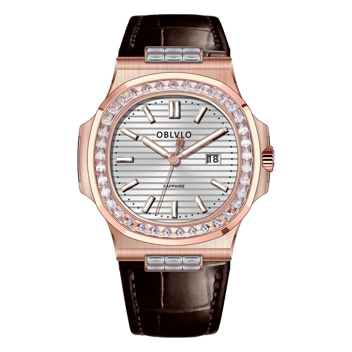 OBLVLO Fashion Men's Watch Rose Gold Case Diamonds Bezel Swiss Quartz Luminous Hands Sapphire Crystal Leather Strap FM-YWL-D