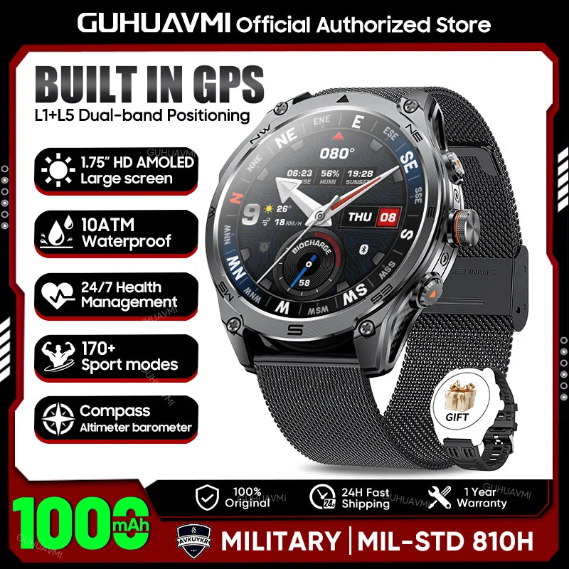 2026 Hot Sales Outdoor Durable GPS Sports Smart Watch Built-in GPS 1000mAh Battery 10ATM Waterproof 1.75" AOD Men Military Watch