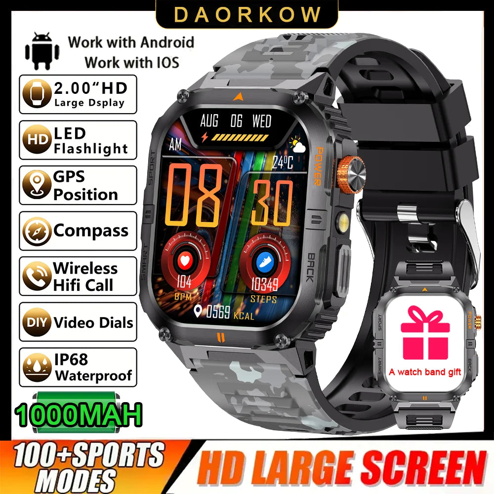 2026 1000mAh military outdoor smartwatch 2.01 inches LED flashlight IP68 waterproof Heart rate sleep Bluetooth call sport watch