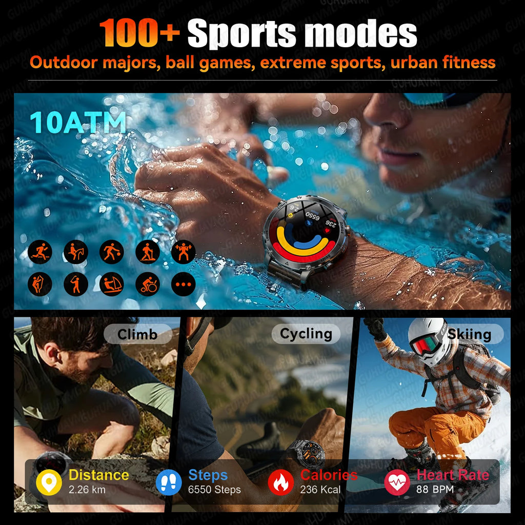 2026 New Military 1400mAh Battery Smart Watch Men Outdoor Flashlight 10ATM Waterproof Heart Rate Bluetooth Call Sports Bracelets
