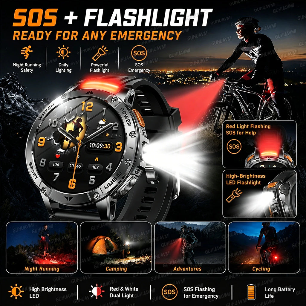 New Outdoor Sports Fitness 1.7 Inch Smart Watch 1400mAh Battery Waterproof SOS Dual-Color Flashlight BT Call Smart watch For Men