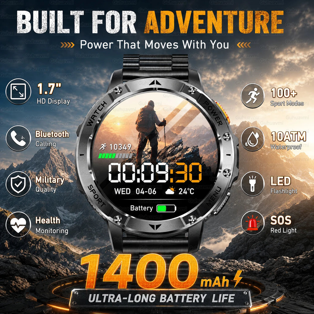 2026 Military Grade Smartwatch Men 1400mAh Ultra Long Battery 24/7 Health Monitor 10ATM Waterproof Outdoor Sport Smart Watches