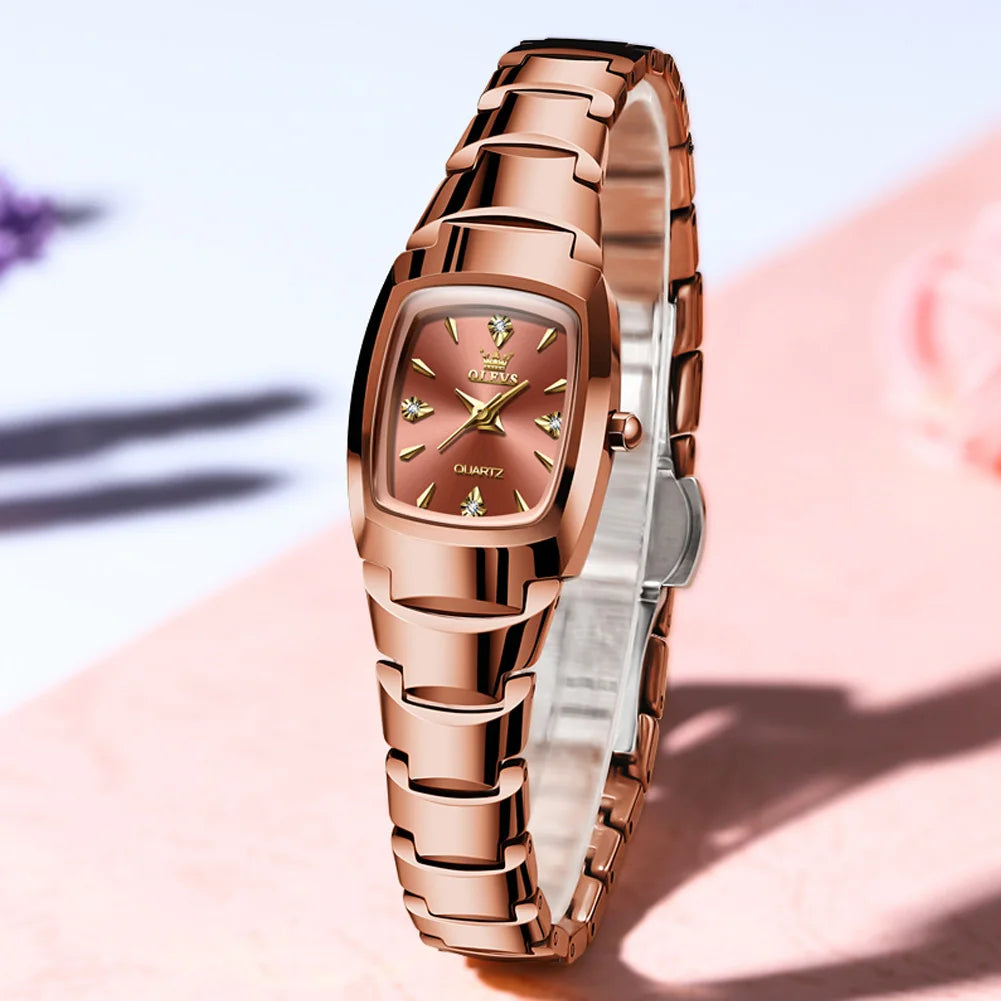 Luxury Mini Tonneau Ladies Watch OLEVS Brand Rose Gold Tungsten Steel Band Rhinestone Crystal Gradient Dial Small Wrist Watch