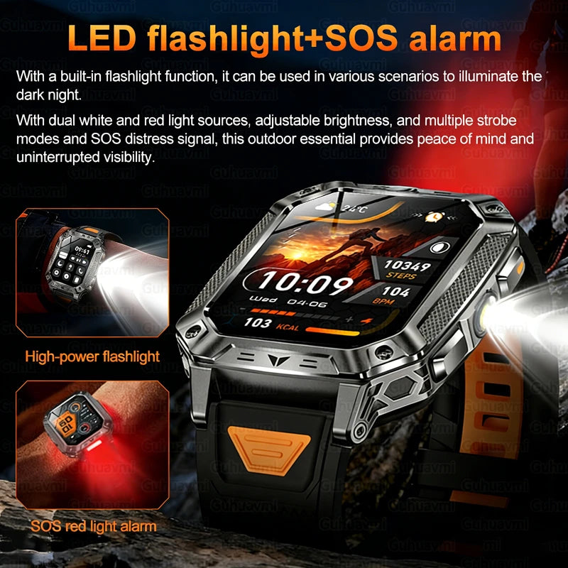 1500mAh Military Grade Smart Watch 100 Days Battery Life 10ATM Waterproof Bluetooth Call SOS Alert LED Flashlight Sports Watches